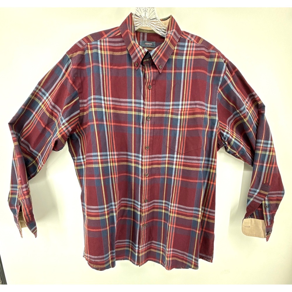 Arrow USA 1851 Mens Burgundy Plaid Button Down Shirt Long Sleeve L